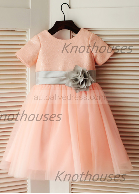 Short Sleeves Blush Pink Sequin Tulle Knee Length Flower Girl Dress 